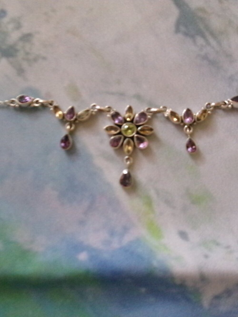 Vintage Amethyst, Citrine, and Peridot Silver Necklace